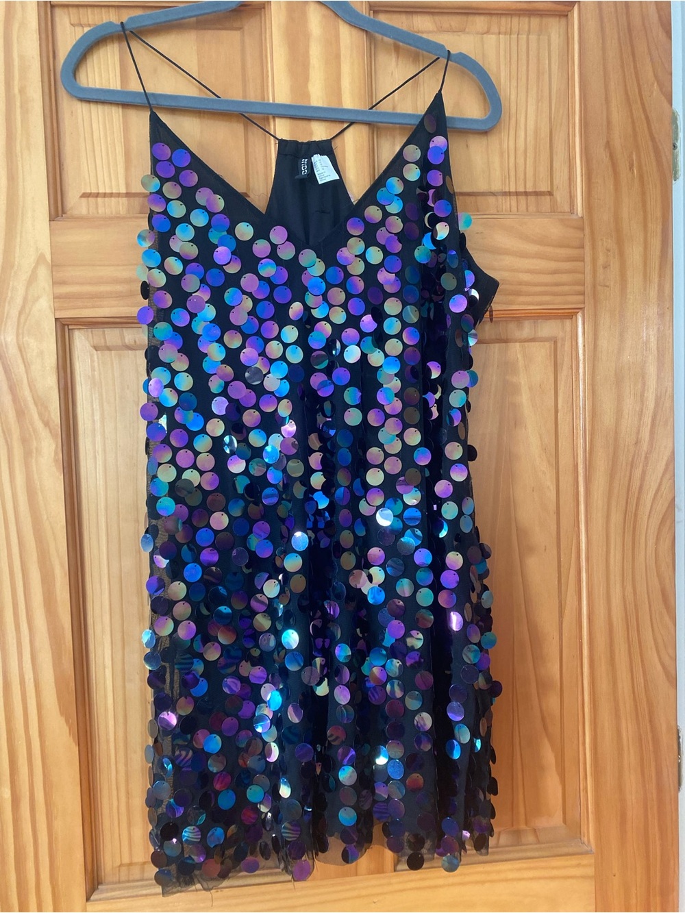 H&M Divided Iridescent Disc Sequin Mesh Mini Dress Black Rainbow Party Size 12